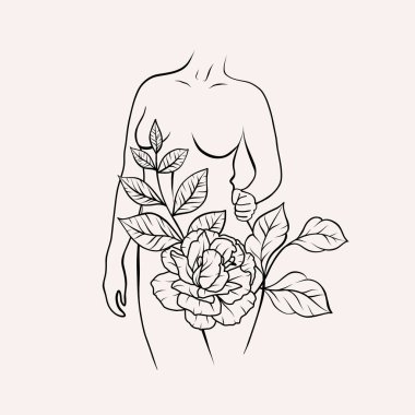 Çiçekli kadın vücudu, çiçek desenli çizimler yapıyor. Çiçek aranjmanlı siyah çizgili bir kadın figürü. Basit biçimdeki vektör illüstrasyonuName