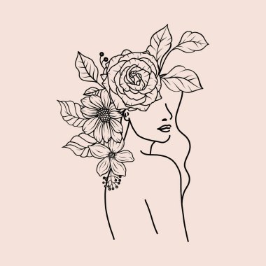 Çiçekli kadın çiçek desenli portre, çiçek desenli resim çizimi yapıyor. Çiçek aranjmanlı siyah çizgili bir kadın başı. Basit biçimdeki vektör illüstrasyonuName