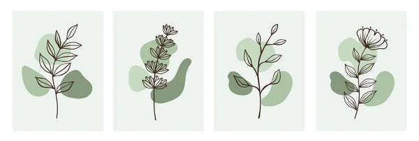 Serie Astratto Moderno Verde Floreale Foglie Linea Arte Schizzo Botanico — Vettoriale Stock