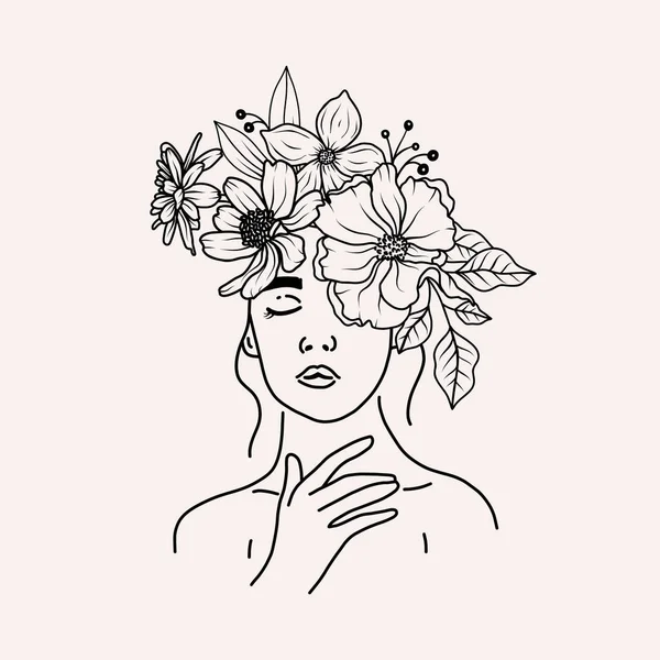 Blommig Kvinna Ansikte Porträtt Med Blommor Lämnar Buketter Linje Konst — Stock vektor