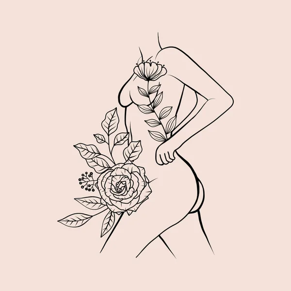 Blommig Kvinna Kropp Med Blommor Lämnar Buketter Linje Konst Skiss — Stock vektor