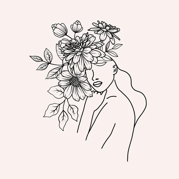 花容月貌 花容月貌 花容月貌 一个黑线艺术女性的头部与花卉的排列 用简洁的字体勾画出矢量图解 — 图库矢量图片