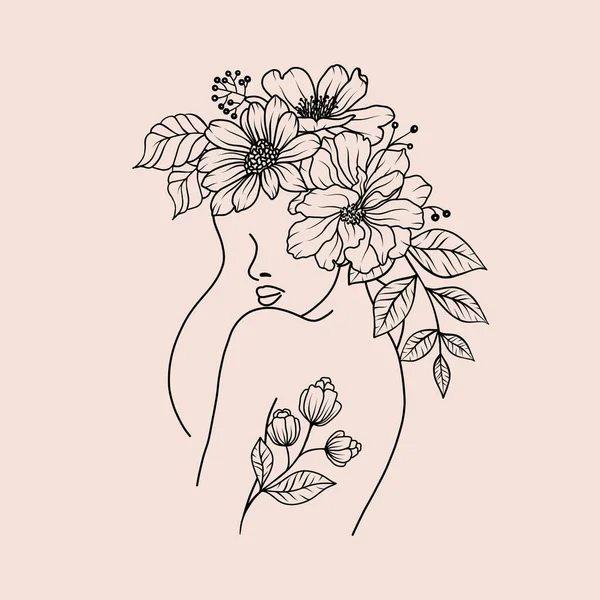 Retrato Cara Mujer Floral Con Flores Hojas Ramilletes Línea Arte — Vector de stock