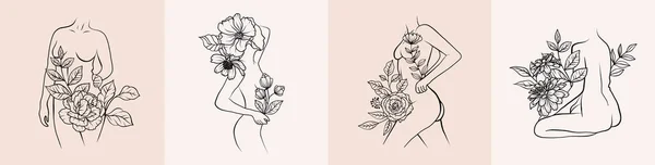Conjunto Cuerpos Florales Mujer Con Flores Hojas Ramilletes Línea Art — Vector de stock