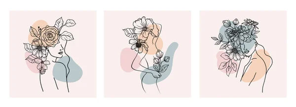 Conjunto Abstractos Modernos Rostros Mujer Floral Retratos Cuerpos Con Flores — Vector de stock