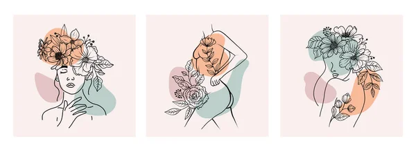 Uppsättning Abstrakta Moderna Blommor Kvinna Ansikten Porträtt Kroppar Med Blommor — Stock vektor