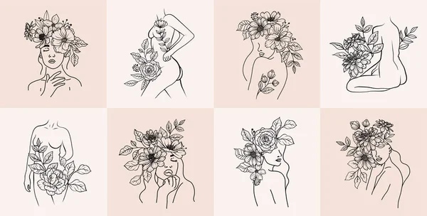 一组花容月貌的女人 带花的躯体 留下花束线条的艺术素描 一个黑线艺术女性的头 图形与花卉排列 矢量图解概述简约风格 — 图库矢量图片