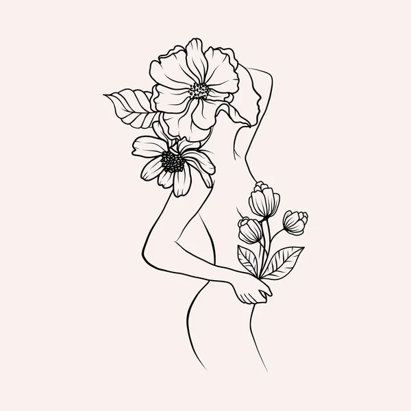 花と花のボディ 花束のラインアートスケッチを残します フラワーアレンジメントを施した黒いラインアートの女性像 アウトラインシンプルなスタイルのベクトルイラスト — ストックベクタ