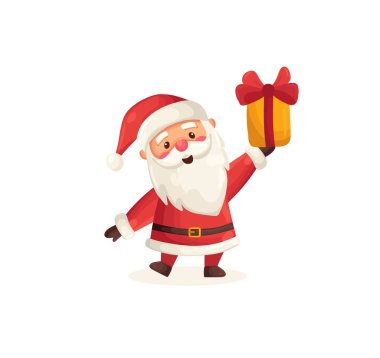 Funny cute Santa Claus character holding gift isolated on white background. Christmas holiday vector illustration in flat cartoon style clipart