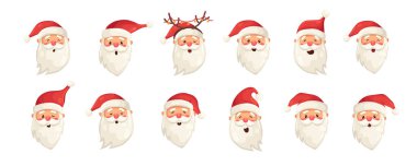 Bir grup komik Noel Baba beyaz arka planda farklı duyguları olan karakterlerle karşılaşıyor. Düz çizgi film tarzında Noel tatil vektör illüstrasyonu