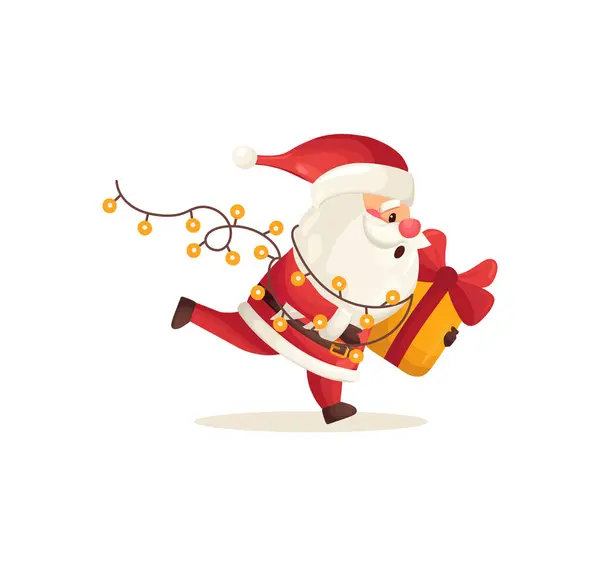面白いかわいいサンタクロースのキャラクターは 白い背景に隔離されたギフトとガーランドで実行します フラット漫画スタイルのクリスマスの休日のベクターイラスト — ストックベクタ