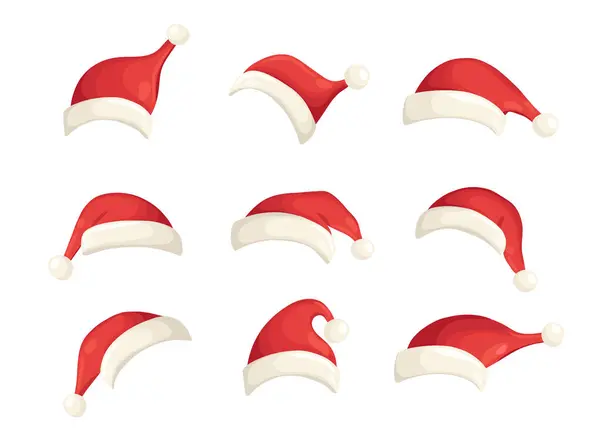 白い背景に隔離された毛皮が付いているクリスマスのサンタクロースの赤い帽子のセット フラット漫画スタイルのクリスマスレッドキャップ休日のベクターイラスト — ストックベクタ