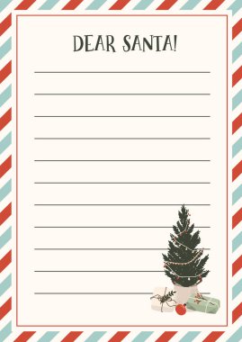 Noel Baba 'ya çocuklar için bir mektup. Çocuklar için Noel dilek listesi. Sevgili Noel Baba basılabilir kağıttan mektup geçmişi. Düz elle çizilmiş Noel vektör çizimi