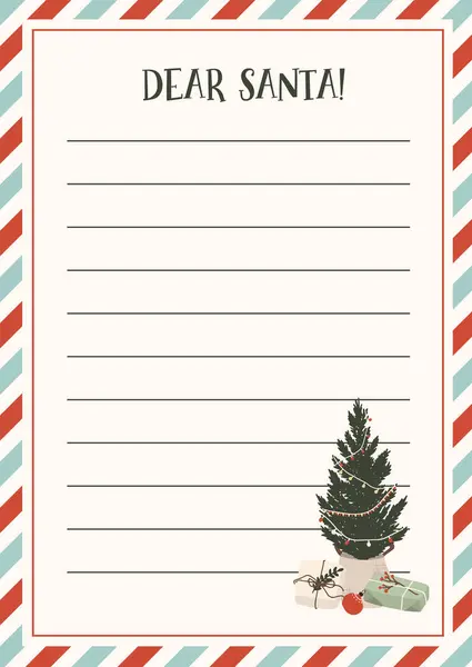 子供のためのサンタクローステンプレートへの手紙 子供のためのクリスマスウィッシュリスト 親愛なるサンタ印刷可能な休日の手紙の背景 フラットな手描きの落書きスタイルのクリスマスベクターイラスト — ストックベクタ