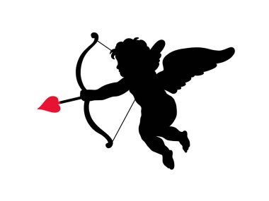 Melek silueti Sevgililer Günü. Beyaz arka planda kanatları, oku ve yayı olan sevimli aşk meleği. Vektör illüstrasyonu