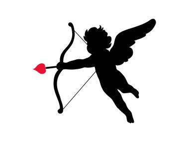 Melek silueti Sevgililer Günü. Beyaz arka planda kanatları, oku ve yayı olan sevimli aşk meleği. Vektör illüstrasyonu