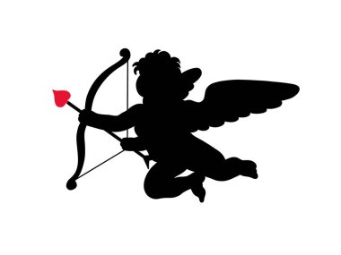 Melek silueti Sevgililer Günü. Beyaz arka planda kanatları, oku ve yayı olan sevimli aşk meleği. Vektör illüstrasyonu