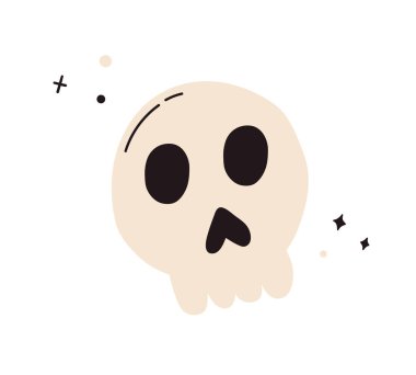 Beyaz arka planda izole cadılar bayramı kafatası. Şirin hayalet insan kemik kafa. Ürkütücü ölüm günü korku yüzü. Vektör düz el çizimi resimleme