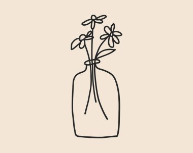 Çiçek izole edilmiş bir vazo. Tuhaf koquette seramik çiçekli kavanoz el çizimi basit bir çizim. Vektör özet çizimi