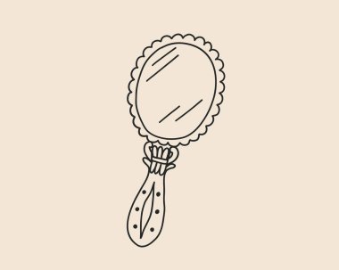 Çerçeve izole edilmiş çizgili ayna. Tuhaf, antika bir cep aynası. Coquette el makyaj barok ayna çizimi. Vektör özet çizimi