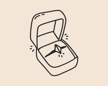 Çizgili yüzük kutusu mücevheri izole edildi. Kaprisli nişan hediyesi elmas çizimi. Coquette, evlilik teklifini yüzükle birlikte açık bıraktı. Vektör özet çizimi