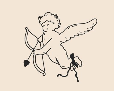 Ok ve yay ile izole edilmiş çizgi sanat aşkı. Garip bir el çizimi bebek melek. Valentine klasik melek eskizini çok sever. Vektör özet çizimi