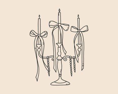 Fiyonklu el yapımı koka mumu. Noel, doğum günü, düğün tasarım şablonu için çizgi çizimi. Vektör özet çizimi