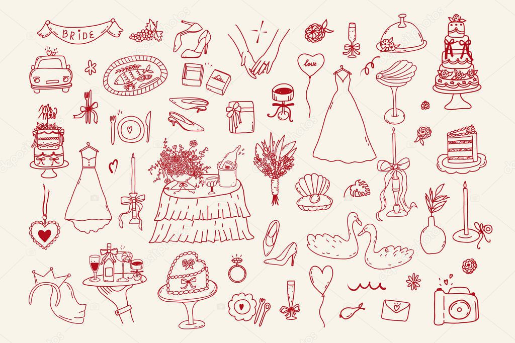 Set of line art doodle wedding icon isolated. Whimsical coquette trendy hand drawn valentine sketch. Vintage amore angel quirky bow, party menu, dinner card. Vector outline illustration
