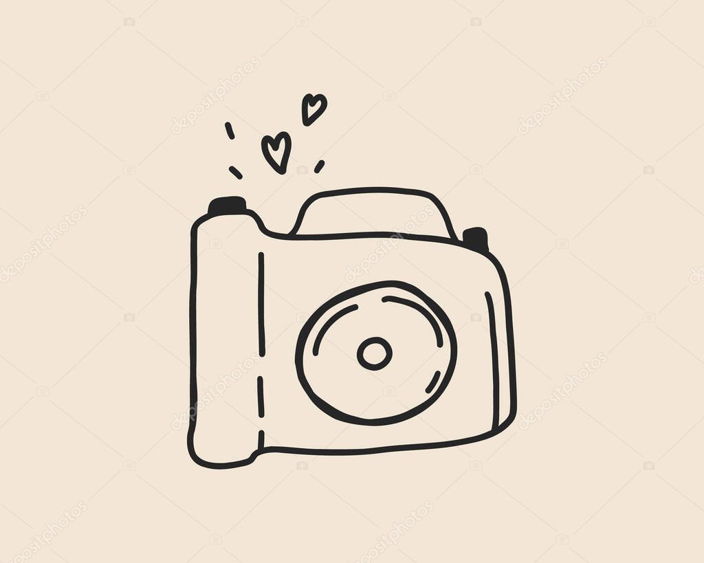 Line art doodle camera. Coquette whimsical photography logo icon. Photo camera vector outline illustration