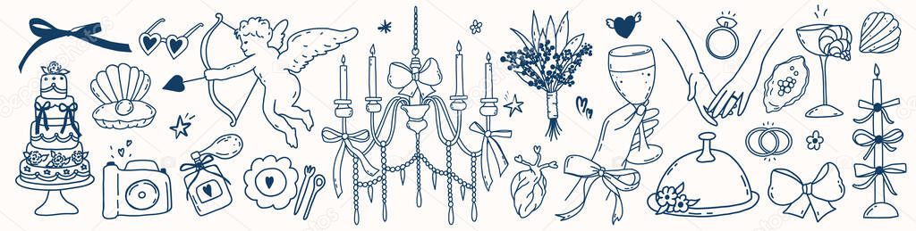 Set of line art wedding icon isolated. Whimsical coquette trendy hand drawn valentine doodle sketch. Vintage amore angel quirky bow, party menu, dinner card. Vector outline illustration