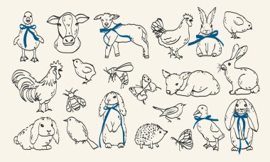 Bir dizi çiftlik hayvanı el çizimi sanat simgesi. İnek, papyonlu tavuk ve modaya uygun eskiz. Vektör özet çizimi