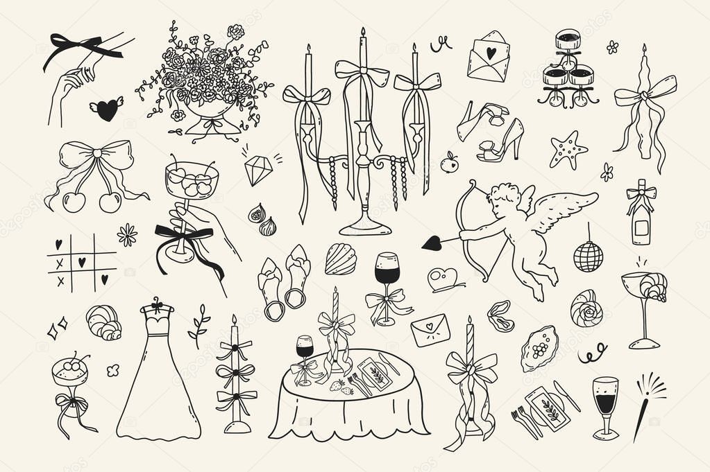 Set of line art wedding icon isolated. Whimsical coquette trendy hand drawn valentine doodle sketch. Vintage amore angel quirky bow, party menu, dinner card. Vector outline illustration