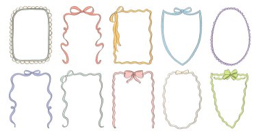 El çizimi, yay tasarımlı sınır çerçevesi. Vintage kurdele yay kalem renkli köşe çizimi. Coquette modası geçmiş şirin düğün, menü, doğum günü davetiyesi sınır kartı örnekleme