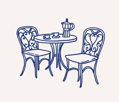 Garip bir el çizimi sanat eseri iki şık sandalye yuvarlak bir masanın etrafını sarmış, zarif bir şekilde kahve için ayarlanmış. Bir kahve demliği merkezde oturur ve büyüleyici kafede sıcak bir toplantı için hazırlanır. Vektör özet çizimi