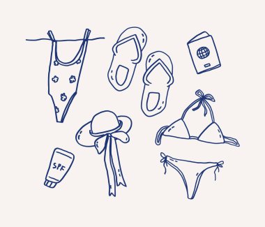 Bikiniler, sandaletler, pasaport ve güneş kreminin yer aldığı tuhaf el yapımı sanat koleksiyonu. Güneşin altında eğlenceli bir plaj tatili. Vektör özet çizimi