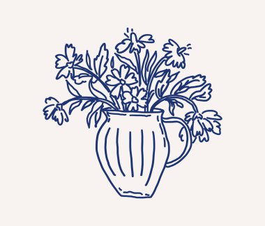 Nazik çiçekli tuhaf bir el çizimi sanat vazosu. Çiçek aranjmanı çeşitli çiçeklere sahiptir. Düğün dekoru. Vektör özet çizimi