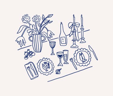 Garip bir el çizimi sanat yemek masası seti vazosu, çiçekler, mumlar, şarap ve tabaklar. Düğün kutlaması. Vektör özet çizimi