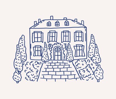 Büyüleyici bir düğün Akdeniz evi çizimi çizilmiş. Villa 'ların evi düzgün budanmış ağaçlar ve taş bir patika. Vektör özet çizimi