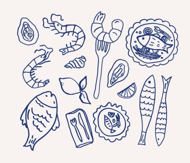 Balık, karides, istiridye, limon ve kap kraker ile farklı deniz ürünleri içeren çizimlerle dolu tuhaf el çizimleri, canlı mutfak seçenekleri. Vektör özet çizimi