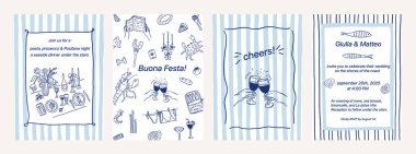 Garip deniz kenarı kartları seti. Akdeniz kıyısı kıyı yazları deniz sınırı. Evlilik eşleşmesi tebrik kartı şablonu vektör çizimi