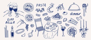 Tuhaf İtalyan makarnası çizimi. Kıyıdaki Akdeniz yemek masası yaz partisi skeci. Tebrik kartı şablonu çizimi için düğün eşik ögeleri