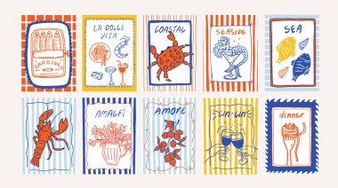 Kıyı kaprisli, el yapımı kartlar. İtalyan yaz tatili Akdeniz kıyısı çerçevesi çizimi. Deniz kenarındaki düğün koketi tebrik kartı şablonu vektör çizimi