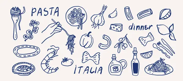 Tuhaf İtalyan yemek makarna çizimi çizim seti. Akdeniz kıyısı akşam yemeği masası yaz partisi el yapımı elementler. Düğün vektör illüstrasyonu