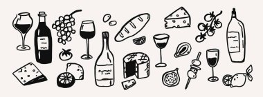 Garip şarap partisi, yemek, peynir koleksiyonu çizim seti. Tuhaf Akdeniz yemek masası dekorasyonları yaz el karalama elementleri çizdi. Düğün coquette ana hatları vektör çizimi