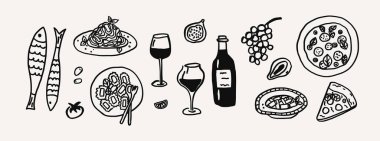 Tuhaf İtalyan yemek şişesi şarap, makarna ve pizza çizim seti. Akdeniz kıyısı kaprisli yemek masası dekorları, yazın parti el yapımı elementler. Düğün vektör illüstrasyonu