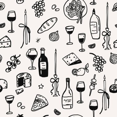 Garip şarap partisi, yemek ve peynir çizgisi eskiz geçmişi olan kusursuz bir şablon. Kaprisli Akdeniz yemeği yaz el yazısı karalama baskısı. Düğün eşleşmesi vektör baskı kumaşı çizimi