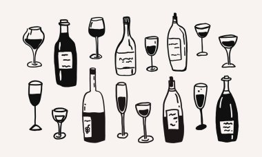 Çeşitli şarap şişeleri ve cam çizgili sanat eserlerinden oluşan tuhaf bir set. Kaprisli skeç kokteyl bardakları el çizimi. Düğün coquette vektör taslağı çizimi