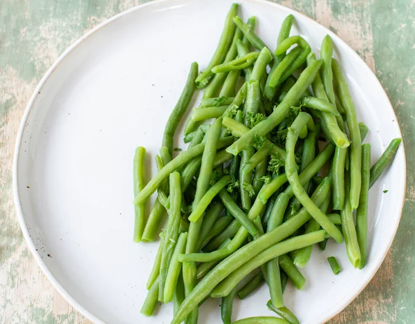 Cooked Green Princess Beans White Plate — Stock Photo, Image