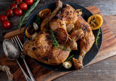 İtalyan fırınında kızarmış tavuk bacağı. Limon, sarımsak ve kekik ile pişirilmiş. Kaba ve ahşap masa zemininde, yukarıdan servis edilen koyu bir tabakta..