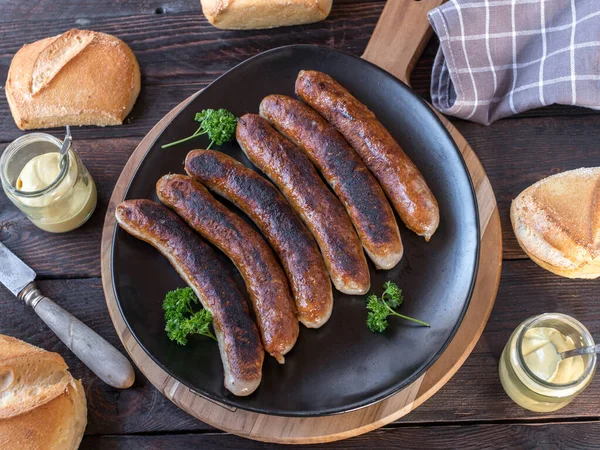 Fried Sausage Buns Mustard Traditinal German Bratwurst Meal Wooden Table — Stock Photo, Image